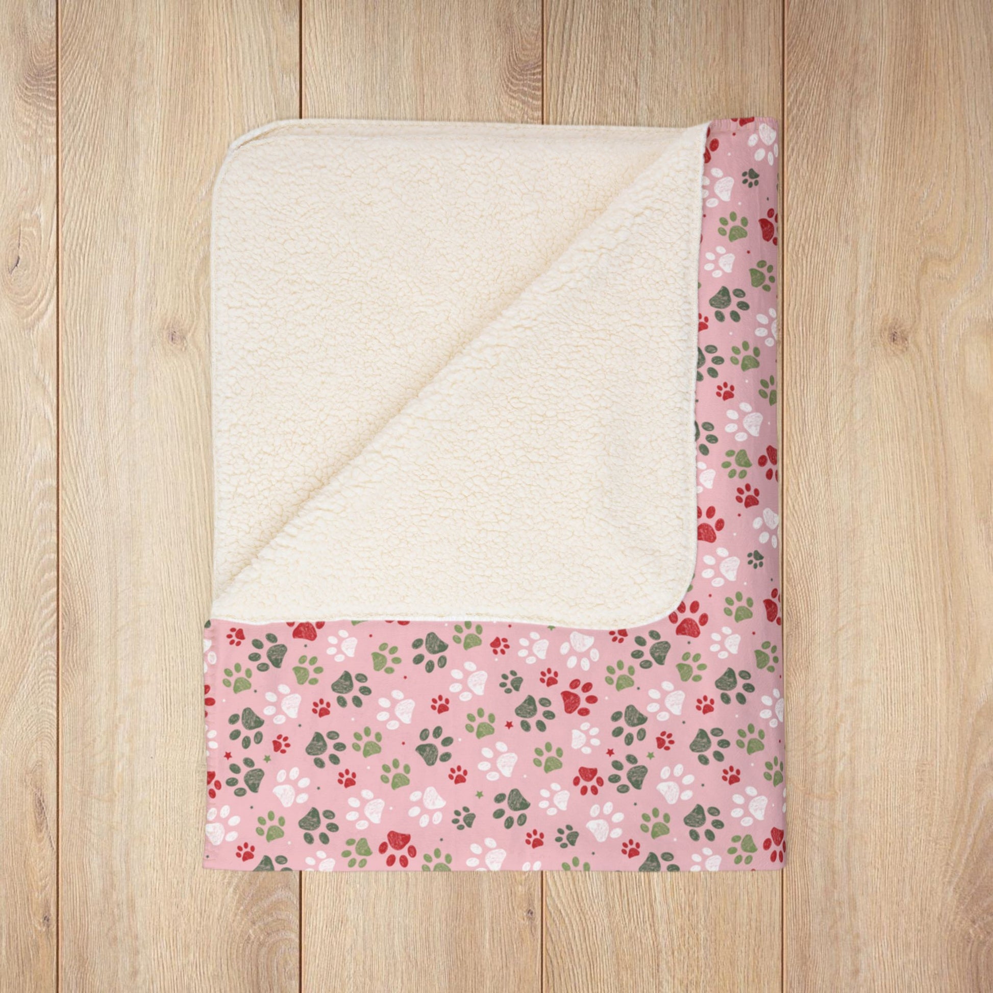 Christmas Pink & Red Paw Prints Fleece Sherpa Blanket