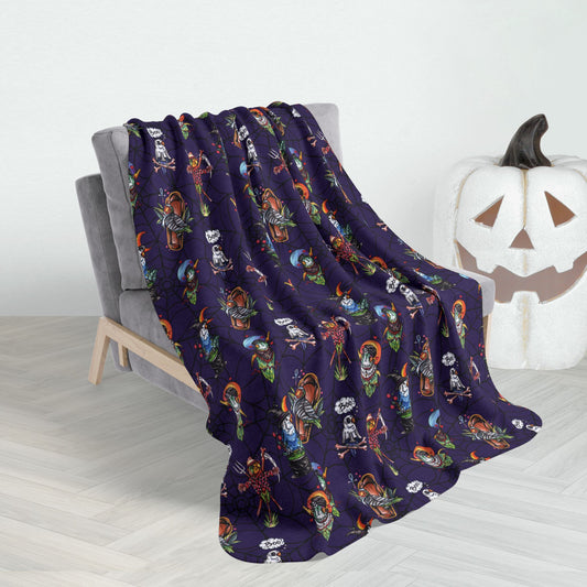 50" × 60" Halloween Lovebirds Fleece Sherpa Blanket, Hand-Drawn & Hand-Colored