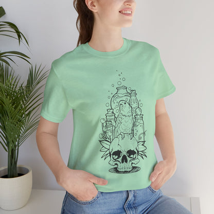 Crazy Scientist Lovebird Sitting on a Skull, Line Art Tee