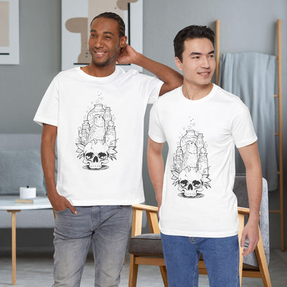 Crazy Scientist Lovebird Sitting on a Skull, Line Art Tee