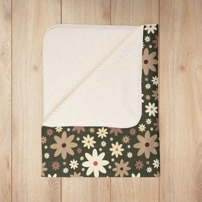 Daisies Fleece Sherpa Olive Green Blanket