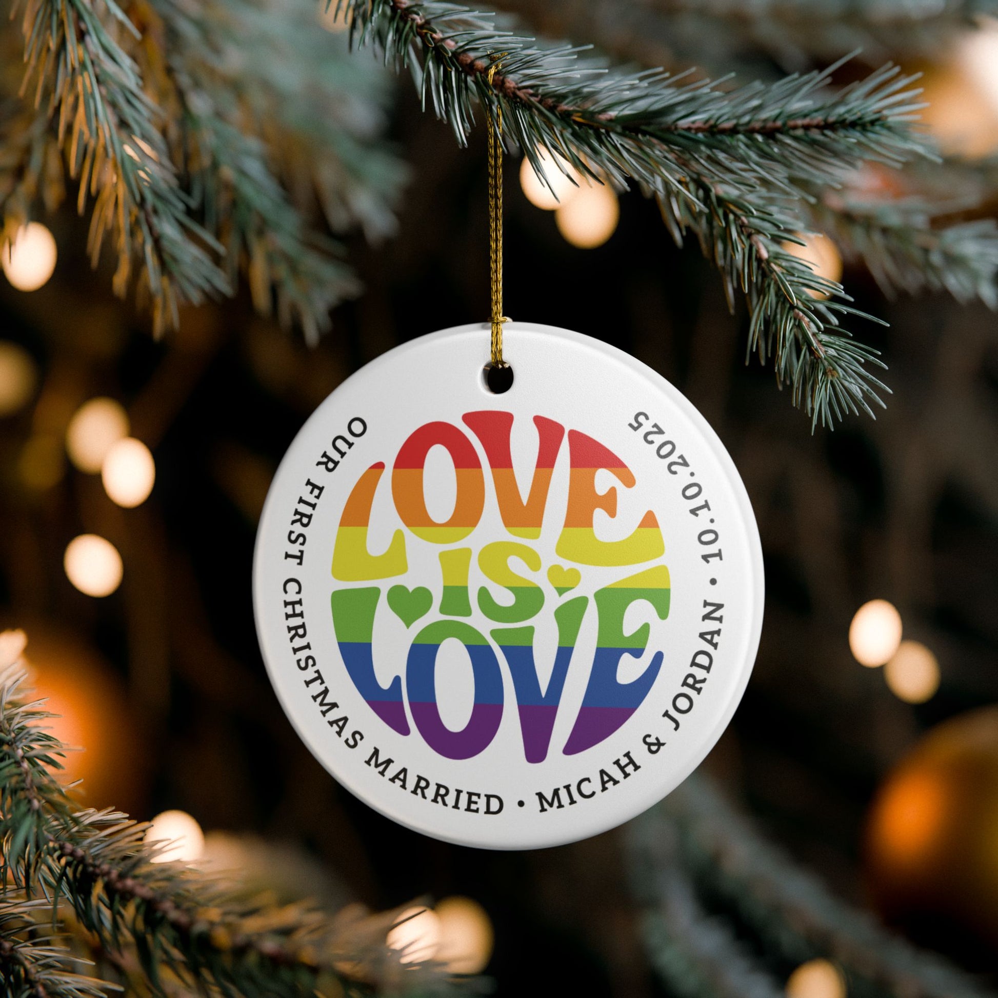 Custom Ceramic Love is Love Rainbow Pride 2.8" Circle Ornament