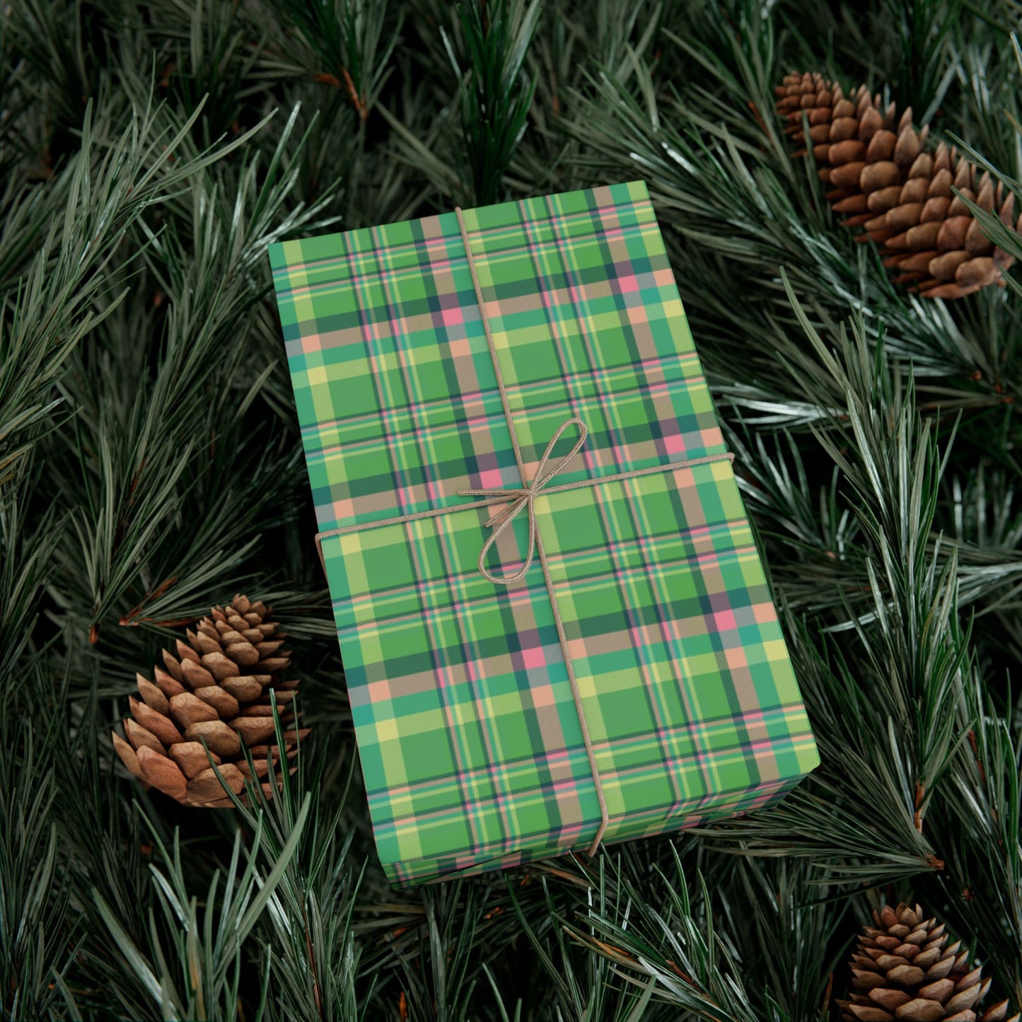 MCM Christmas Green & Pink Plaid Gift Wrapping Paper Roll