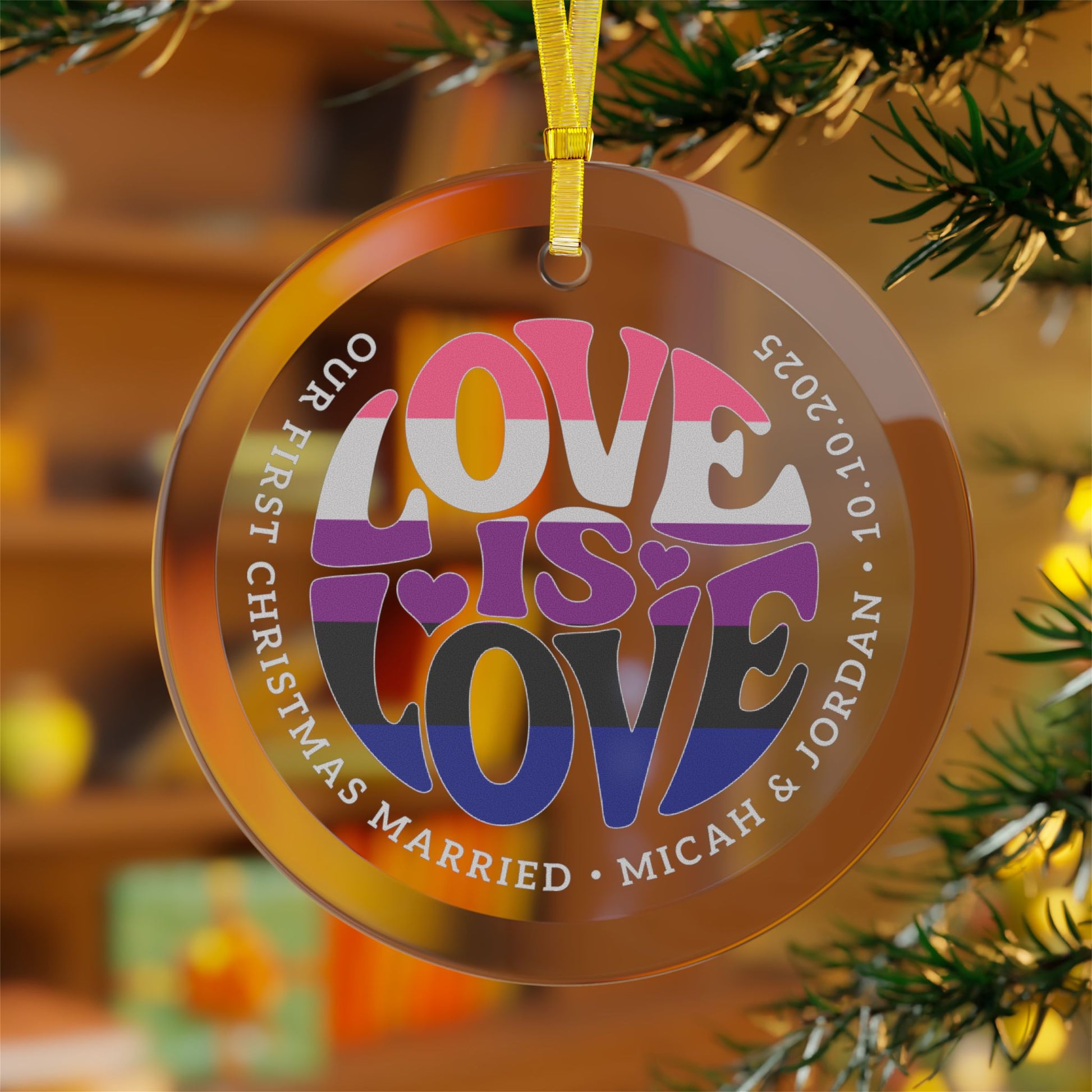 Custom Glass Love is Love Genderfluid Pride 3.5" Circle Ornaments