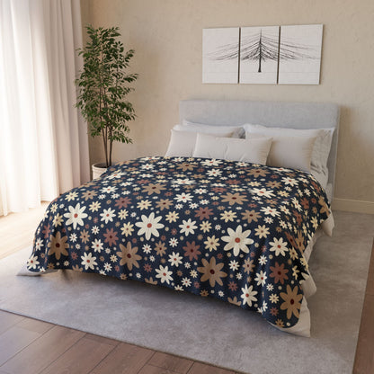 60" × 80" Beige Dark Blue Daisies Fleece Sherpa Blanket