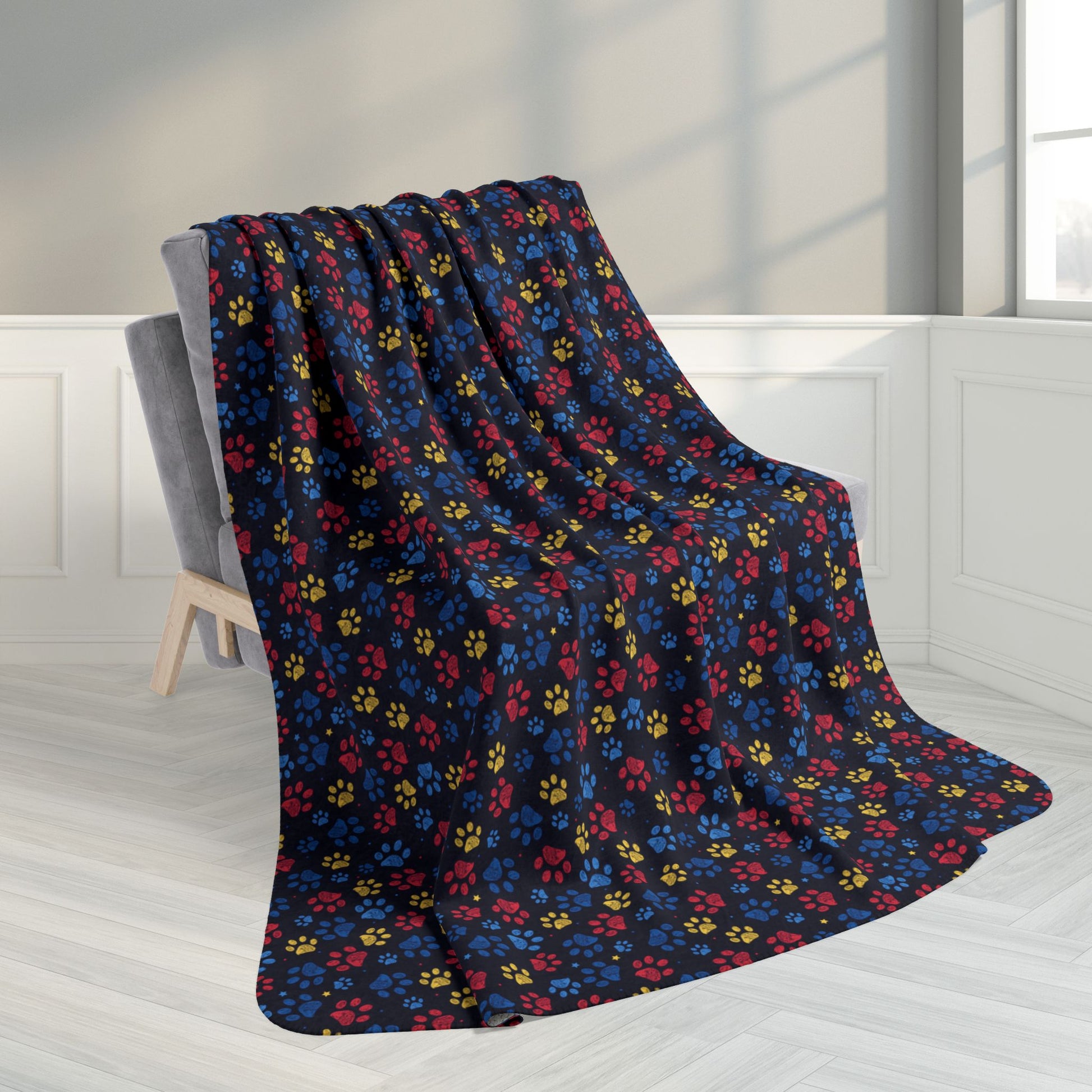 60" × 80" Blue, Red & Yellow Ohio Paw Prints Black Fleece Sherpa Blanket