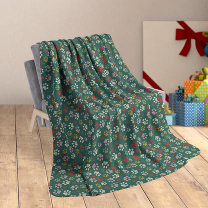 60" × 80" MCM Christmas Peach Paw Prints Green Fleece Sherpa Blanket