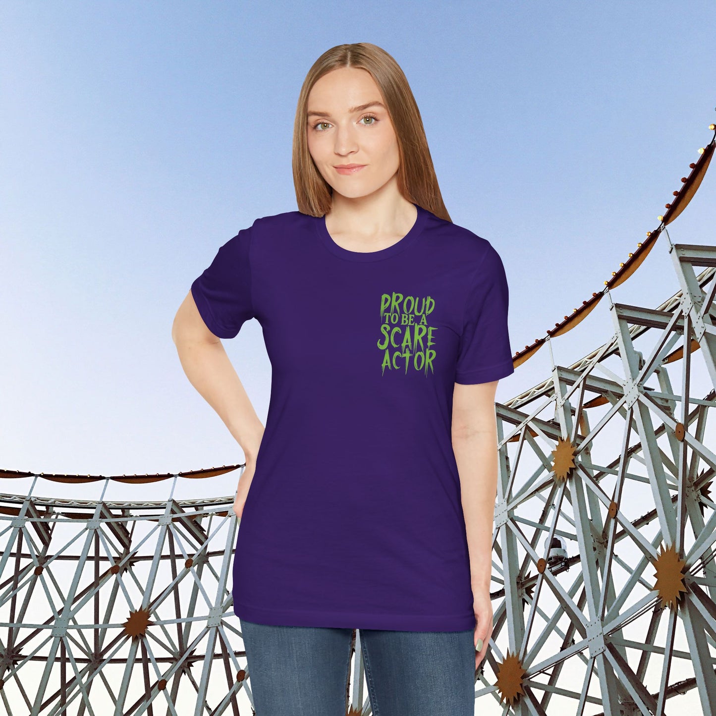 I Just Wanna Scare People & Ride Roller Coasters Tee / Proud Scare Actor (BACK graphic) • Irvine Ondrey Engineering