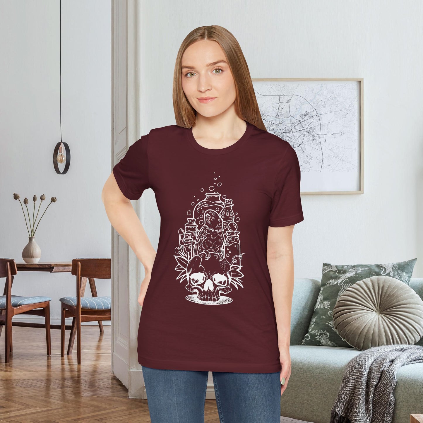 Crazy Scientist Lovebird Sitting on a Skull, Line Art Tee