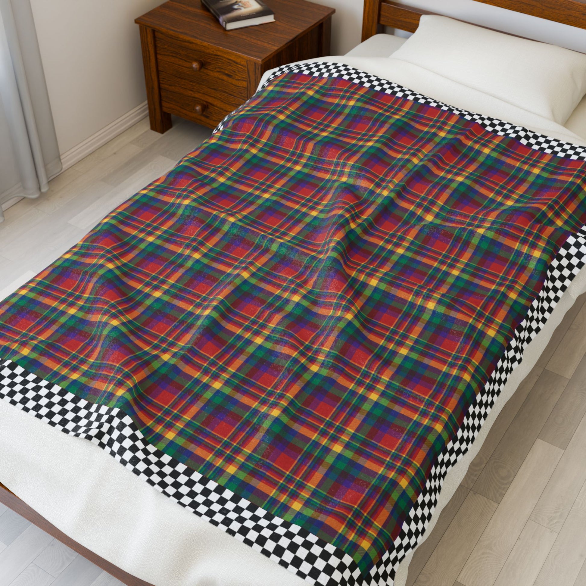 Red, Yellow, Green, Blue & Purple Ohio Plaid with Checkered Edge Velveteen Plush Blanket