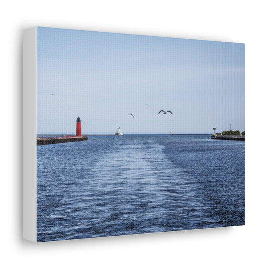 Milwaukee Pierhead Light &amp; Breakwater Lighthouse con gaviotas, fotografía lienzo envoltura arte de pared