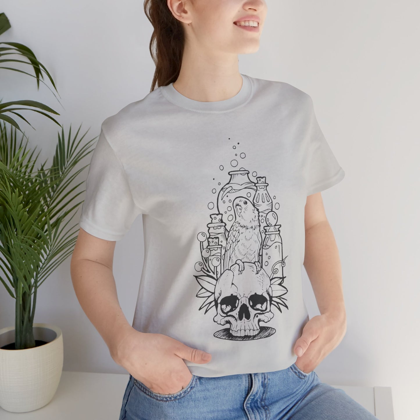 Crazy Scientist Lovebird Sitting on a Skull, Line Art Tee