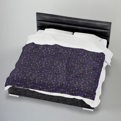 Purple Paw Prints Black Velveteen Plush Blanket