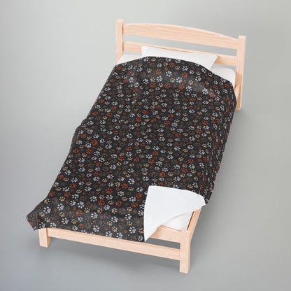 Brown Paw Prints Black Velveteen Plush Blanket