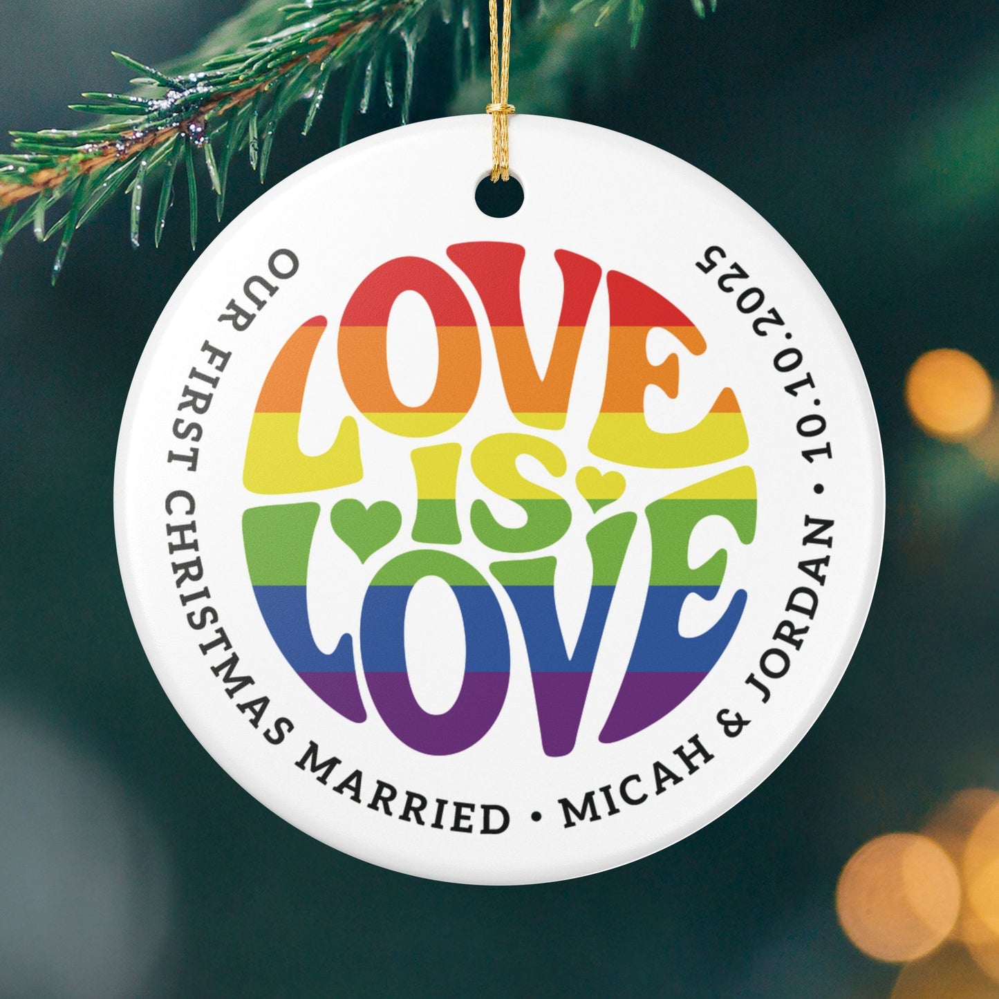 Round One size Custom Ceramic Love is Love Rainbow Pride 2.8" Circle Ornament