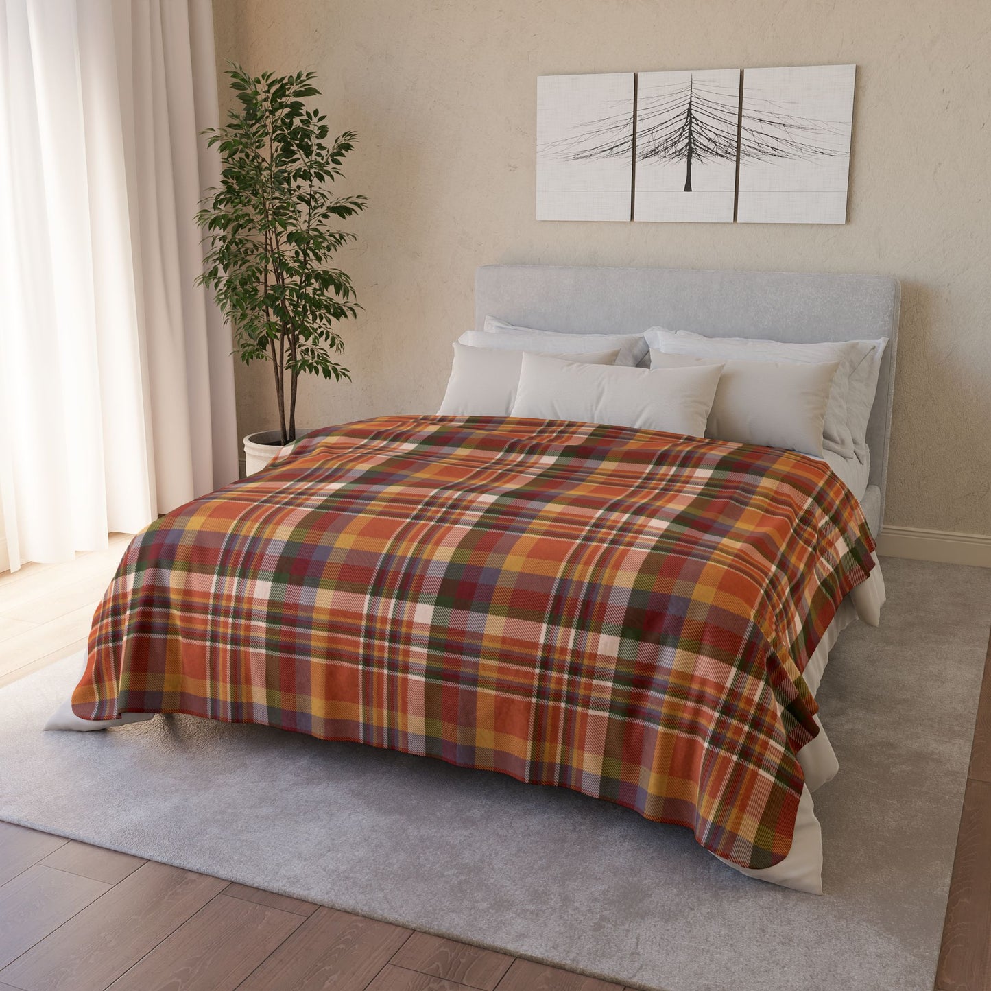 60" × 80" Beige Autumn Burnt Orange Plaid Fleece Sherpa Blanket