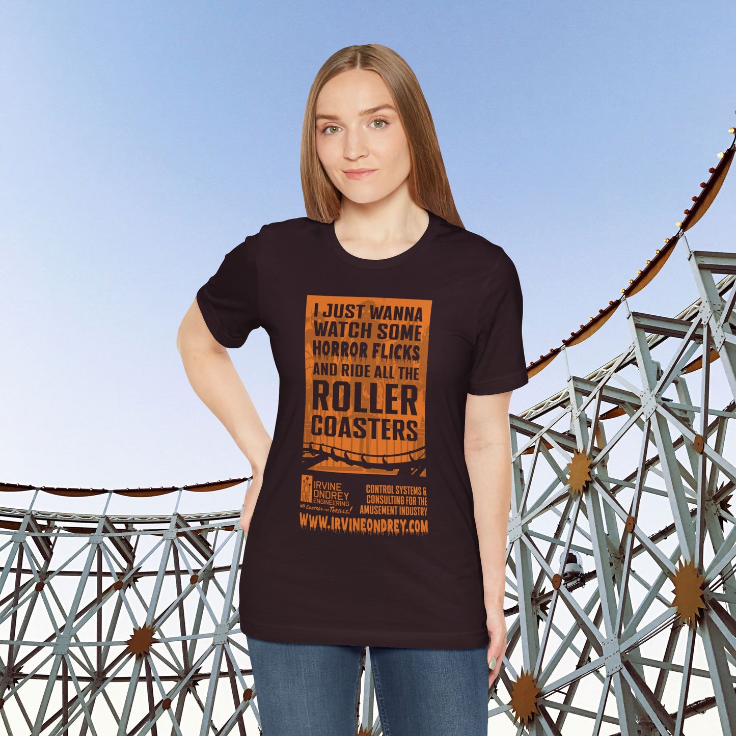 Oxblood Black I Just Wanna Watch Horror Flicks & Ride Roller Coasters Tee (FRONT graphic) • Irvine Ondrey Engineering