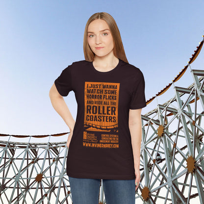 Oxblood Black I Just Wanna Watch Horror Flicks & Ride Roller Coasters Tee (FRONT graphic) • Irvine Ondrey Engineering