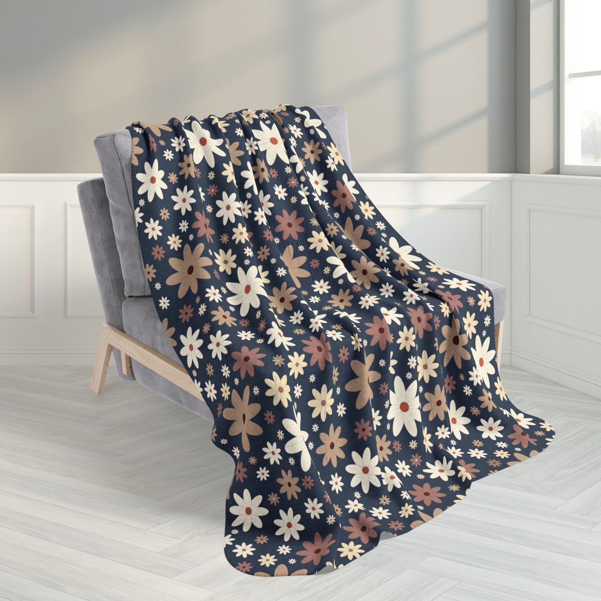 Dark Blue Daisies Fleece Sherpa Blanket