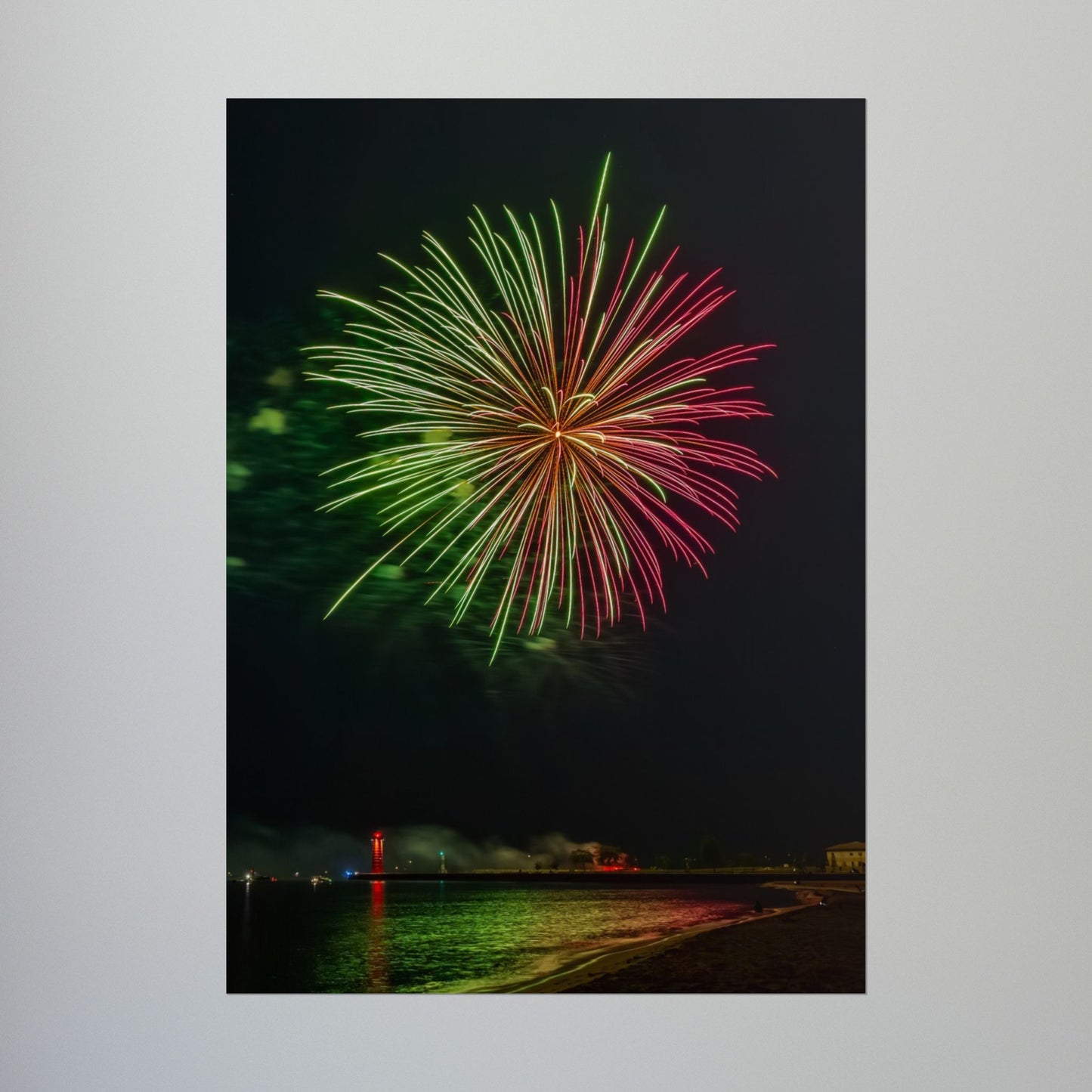 Green & Pink 4th of July Fireworks over Kenosha Pier Light Rolled Poster