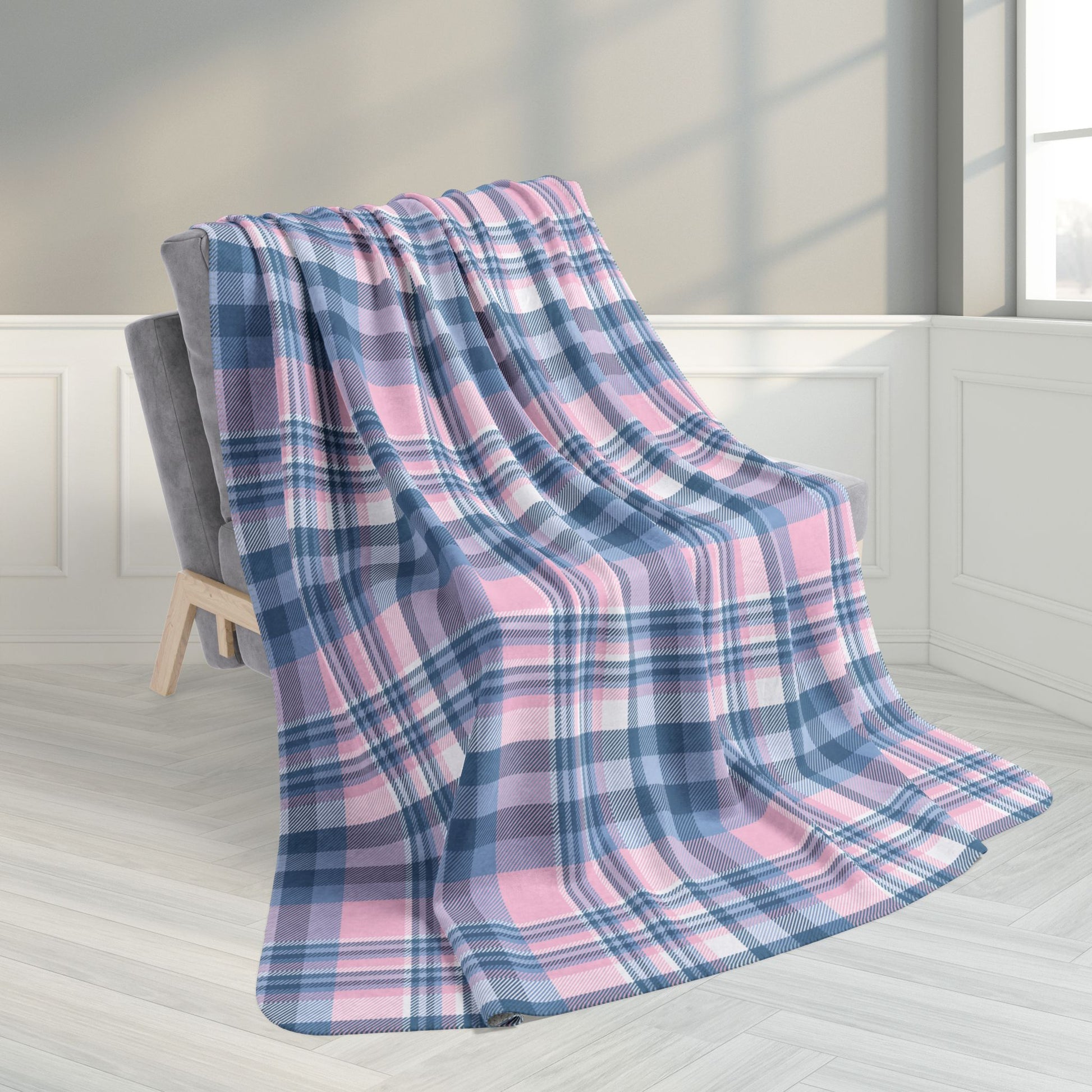 60" × 80" Baby Pink & Blue Plaid Fleece Sherpa Blanket