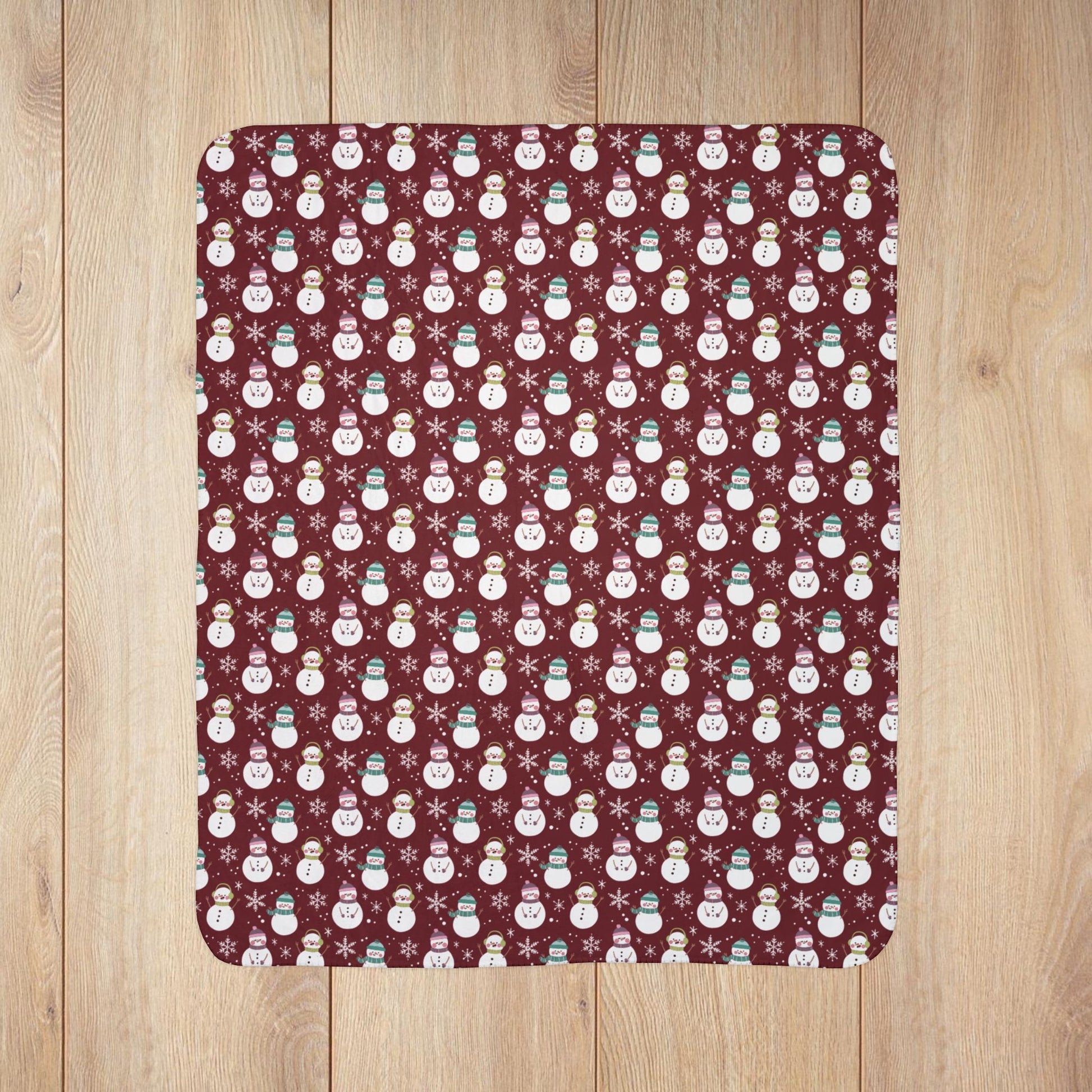 MCM Christmas Pink & Green Snowman Maroon Fleece Sherpa Blanket