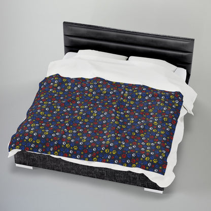 Red, Yellow & Blue Ohio Paw Prints Black Velveteen Plush Blanket