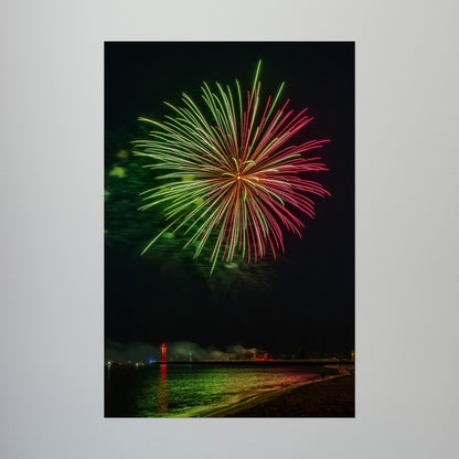 Green & Pink 4th of July Fireworks over Kenosha Pier Light Rolled Poster