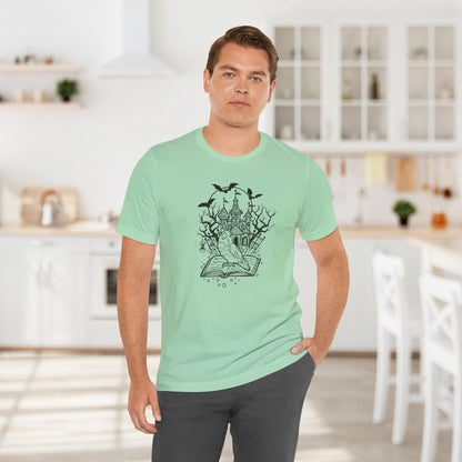 Lovebird on a Spell Book by a Haunted House, Line Art Tee