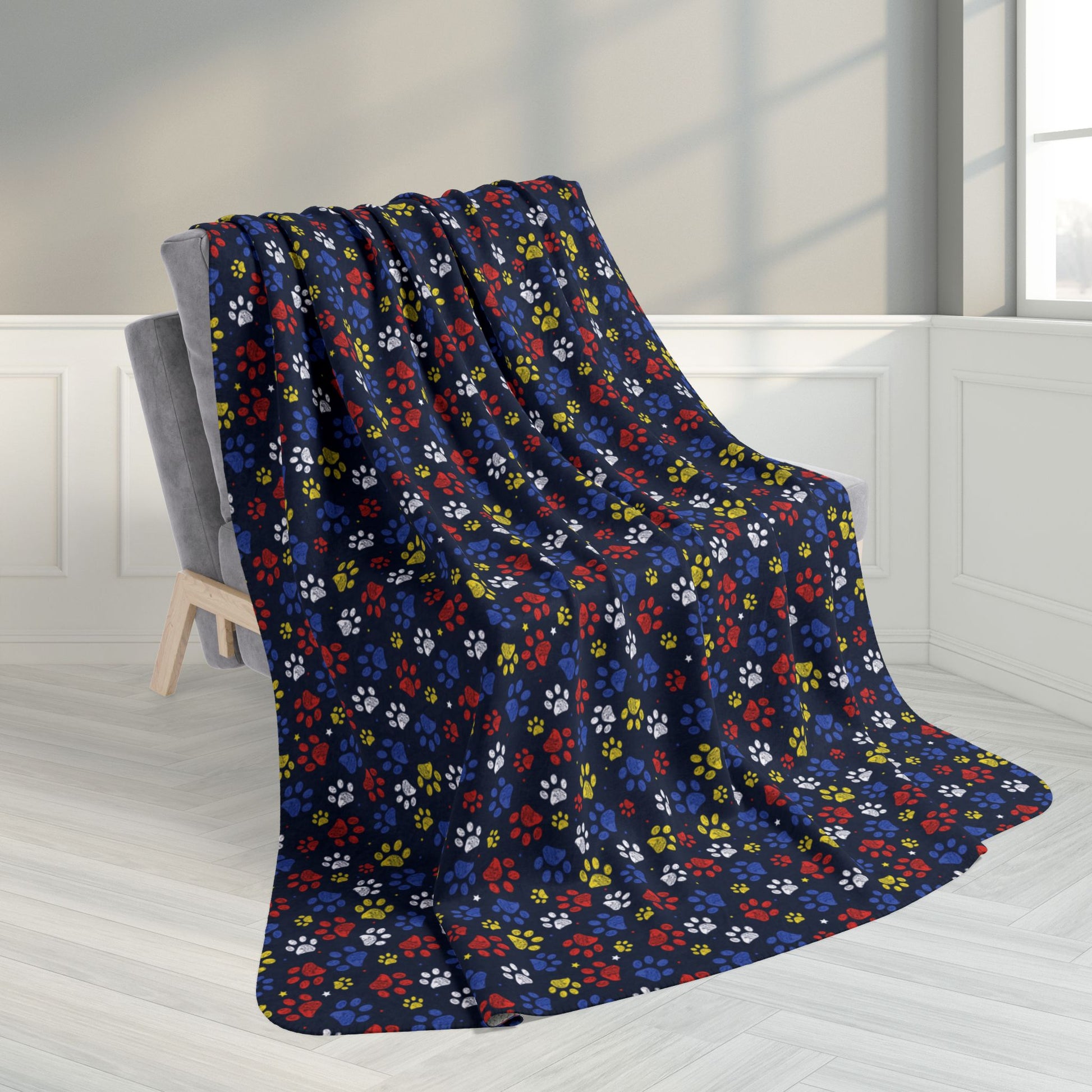 60" × 80" Red, Yellow & Blue Ohio Paw Prints Black Fleece Sherpa Blanket