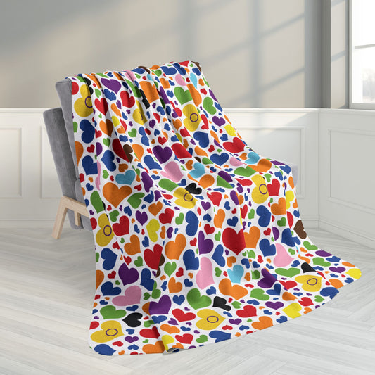 60" × 80" Intersex-Inclusive Progress Rainbow Pride Valentine’s Day Hearts Fleece Sherpa Blanket
