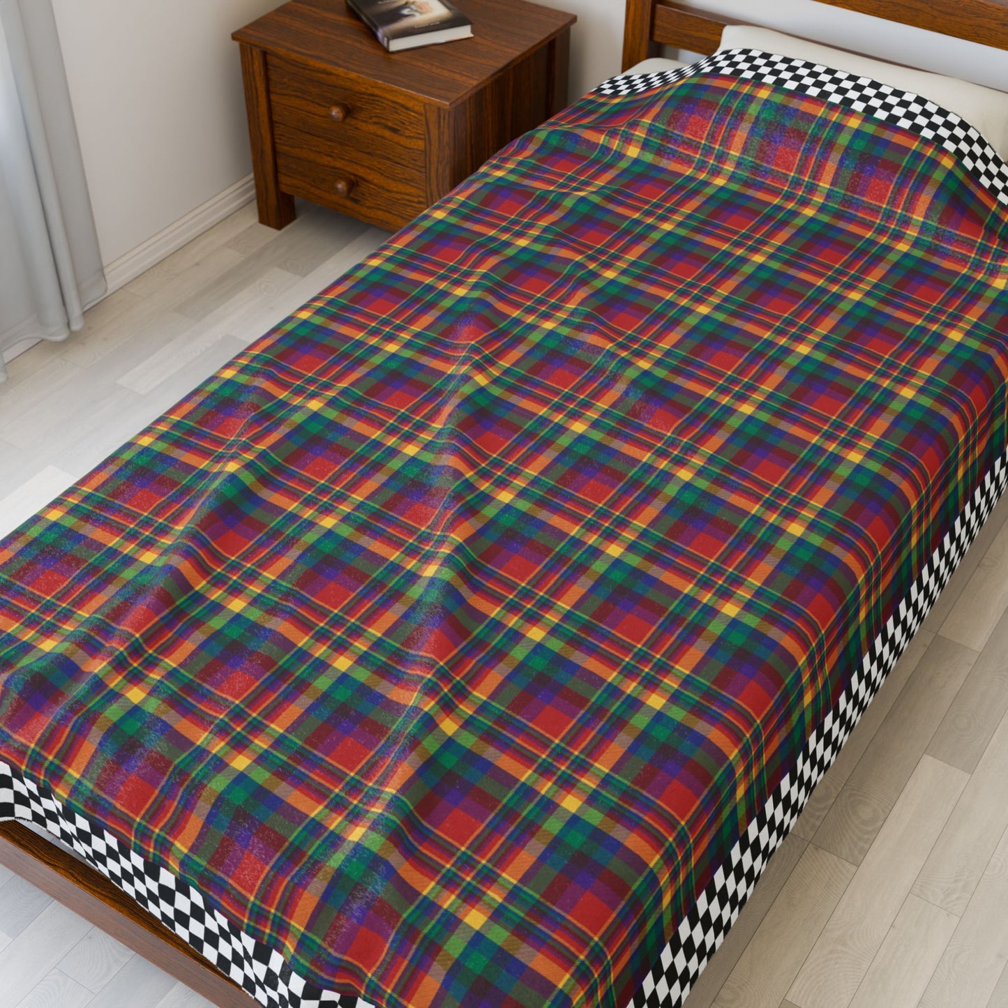 Red, Yellow, Green, Blue & Purple Ohio Plaid with Checkered Edge Velveteen Plush Blanket