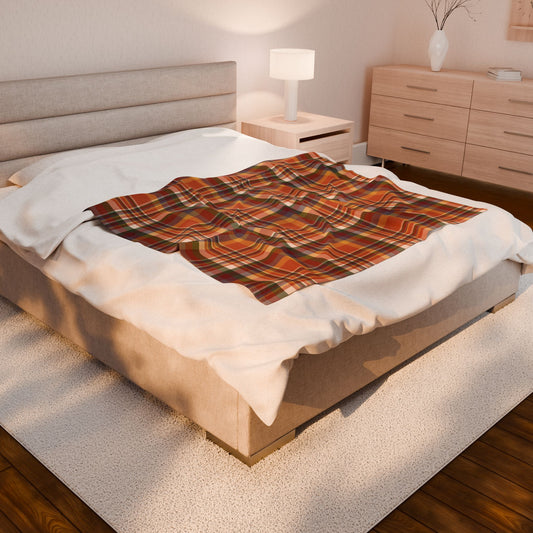 Autumn Burnt Orange Plaid Velveteen Plush Blanket