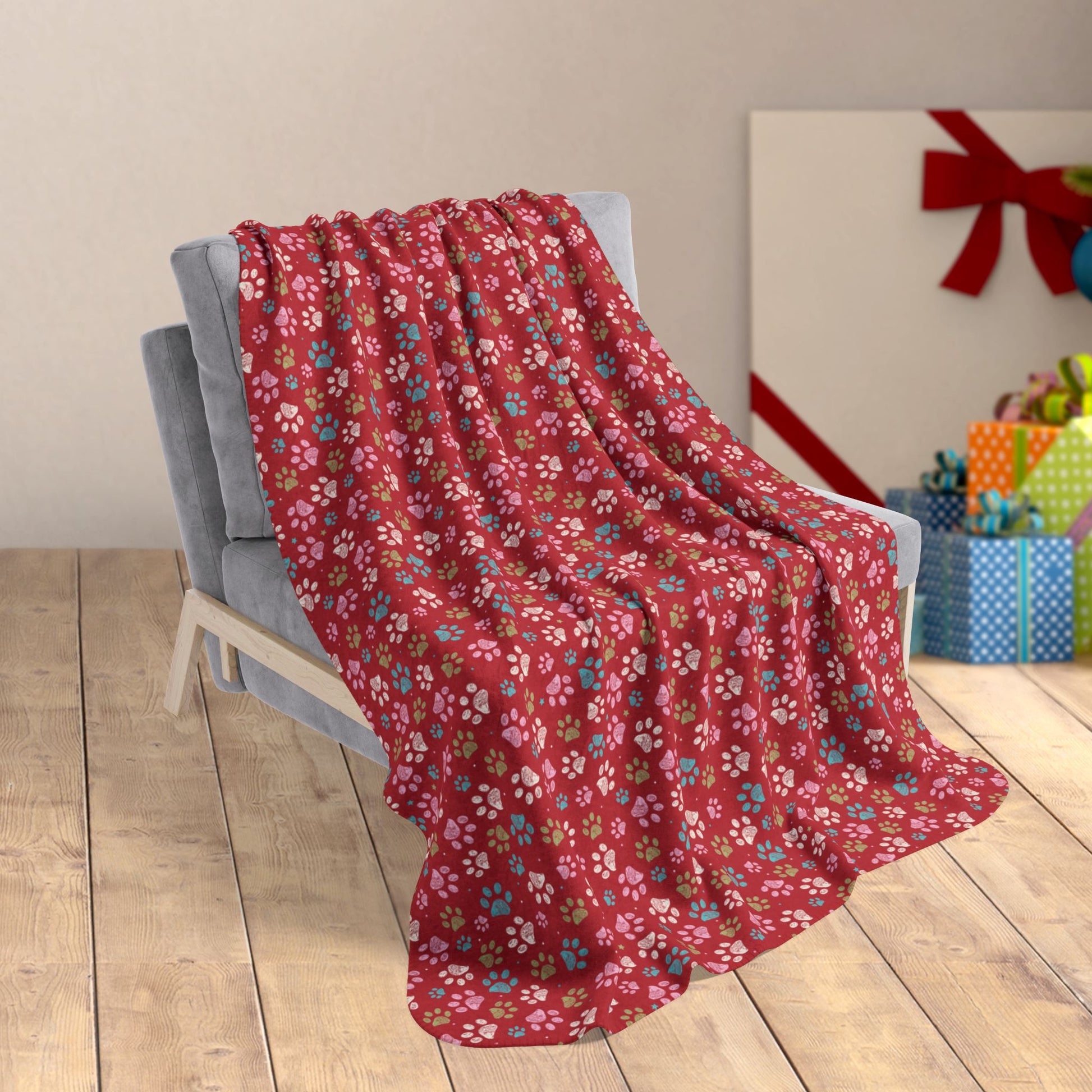 MCM Christmas Red Paw Prints Fleece Sherpa Blanket