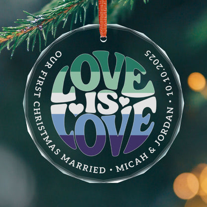 Round One size Custom Crystal Love is Love Gay Men 5-Stripe Pride 3" Circle Ornament