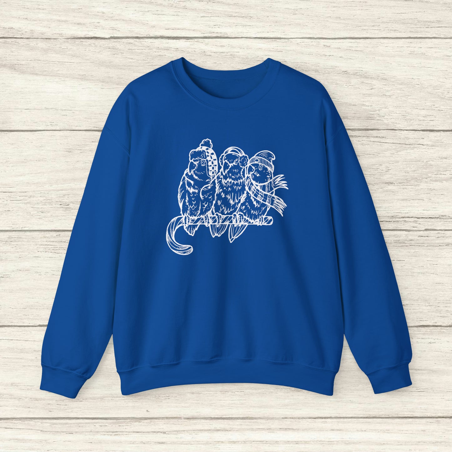 3 Lovebirds with Winter Wear & Perched on a Candy Cane, Line Art Crew Neck Sweatshirt