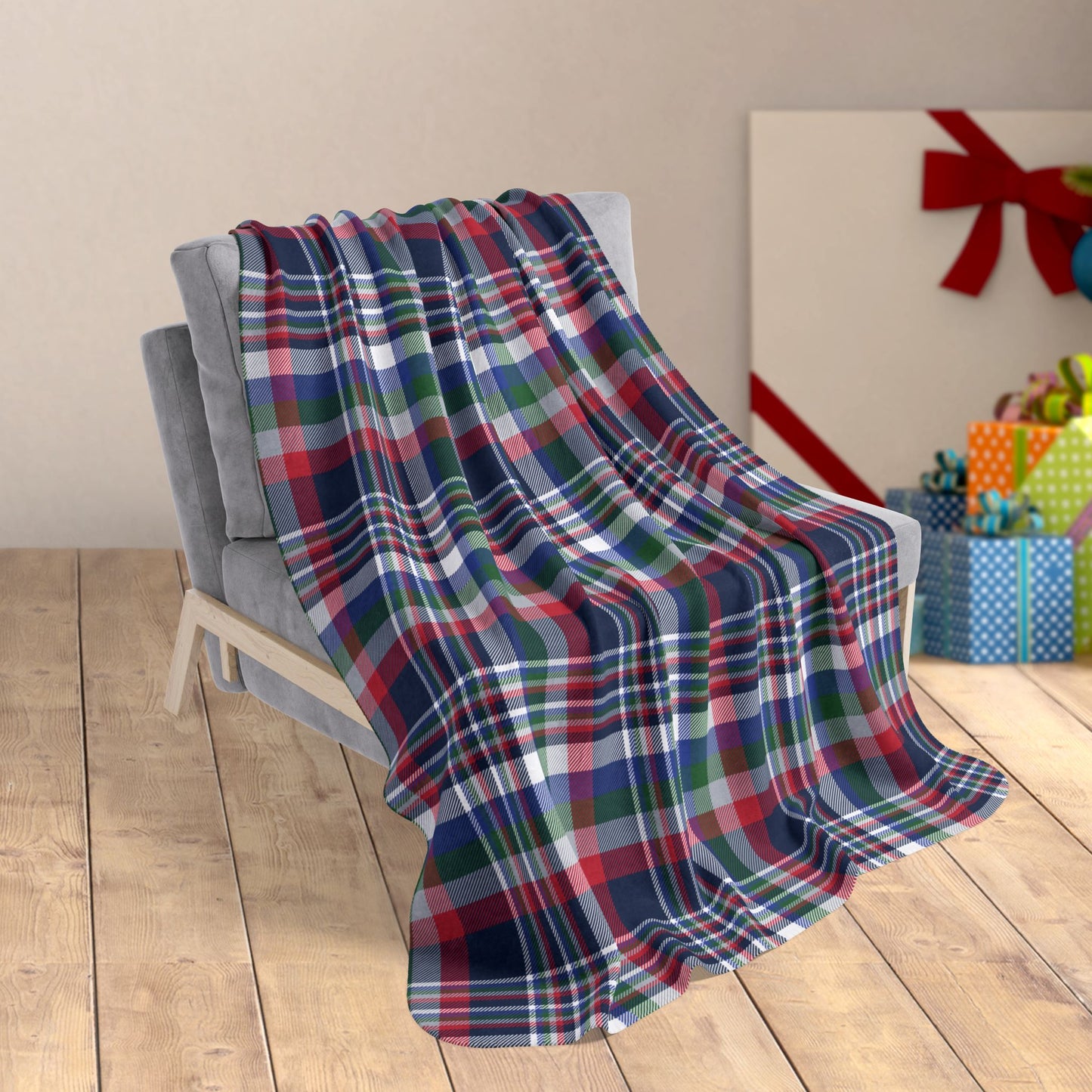 50" × 60" Christmas Red, White & Blue New England Boston MA Plaid Fleece Sherpa Blanket