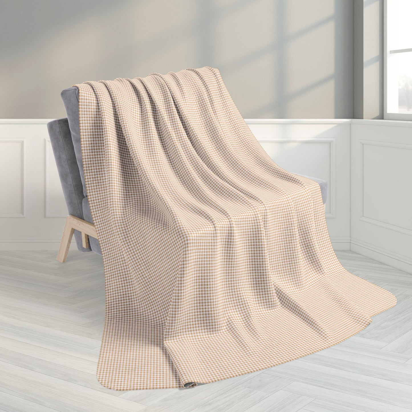 60" × 80" Grey Pale Gold & White Gingham Fleece Sherpa Blanket