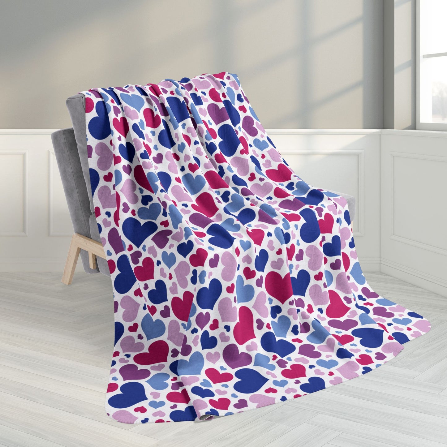 60" × 80" Bisexual Pride Valentine’s Day Hearts Black Fleece Sherpa Blanket