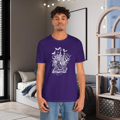 Lovebird on a Spell Book by a Haunted House, Line Art Tee