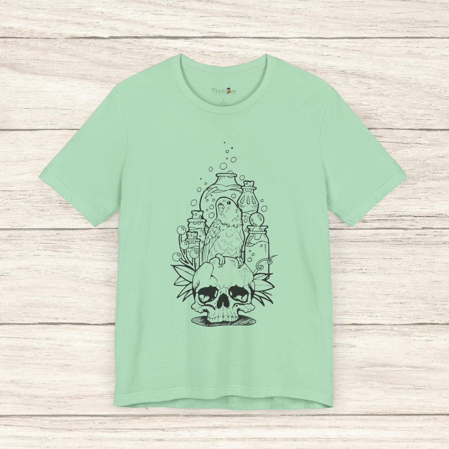 Crazy Scientist Lovebird Sitting on a Skull, Line Art Tee