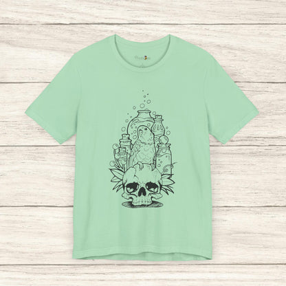 Crazy Scientist Lovebird Sitting on a Skull, Line Art Tee