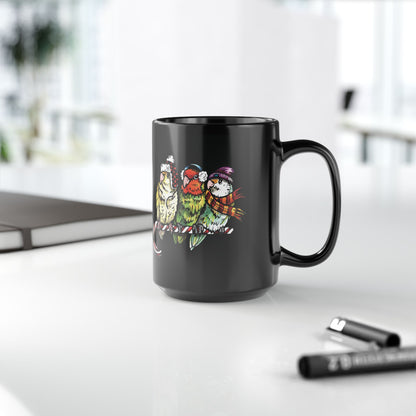 3 Lovebirds With Winter Wear & Perched on a Candy Cane, 11oz or 15oz Mug
