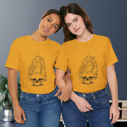 Crazy Scientist Lovebird Sitting on a Skull, Line Art Tee