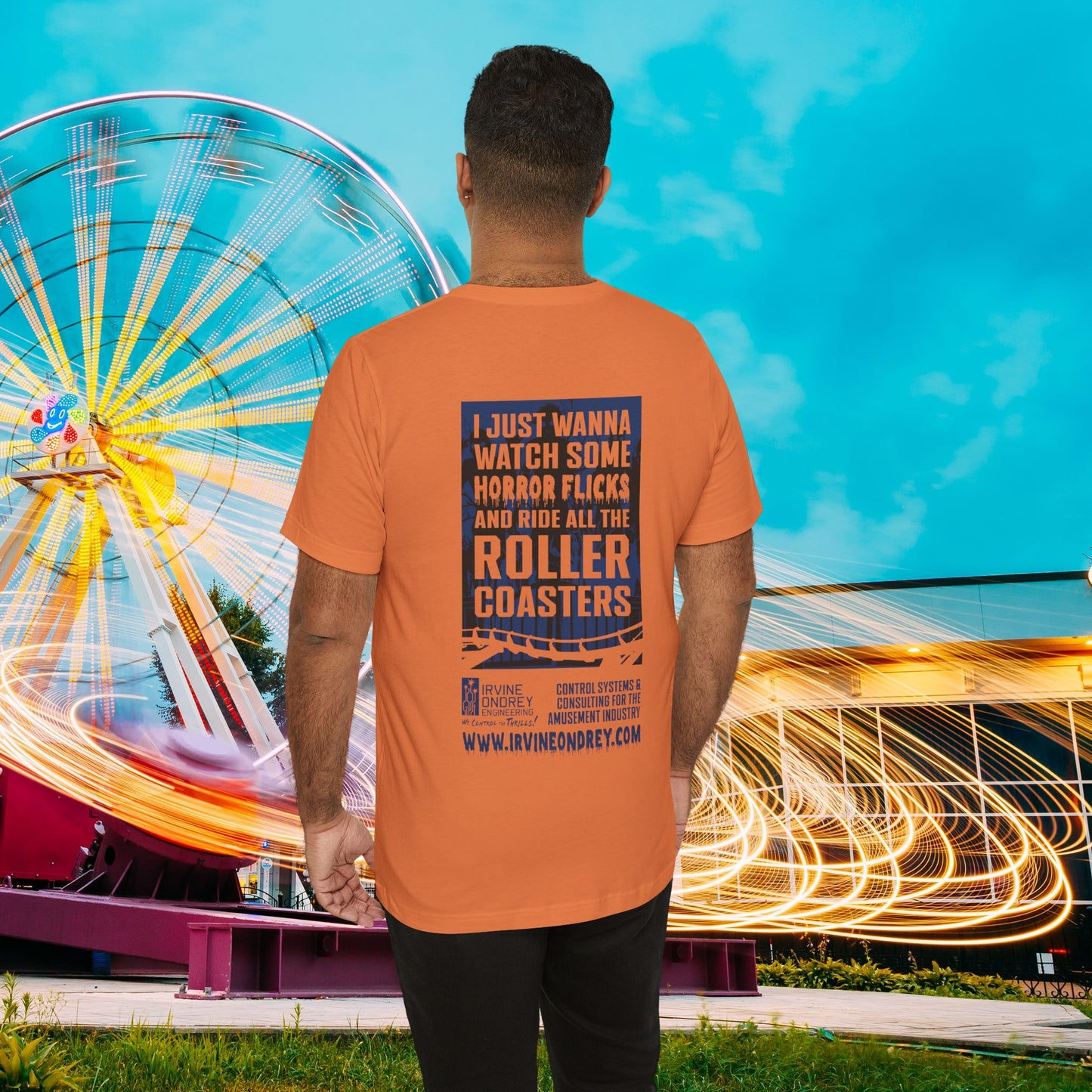 I Just Wanna Watch Horror Flicks & Ride Roller Coasters Tee (BACK graphic) • Irvine Ondrey Engineering