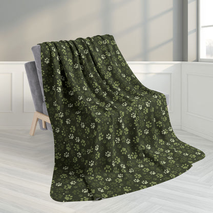 60" × 80" Olive Green Paw Prints Fleece Sherpa Blanket