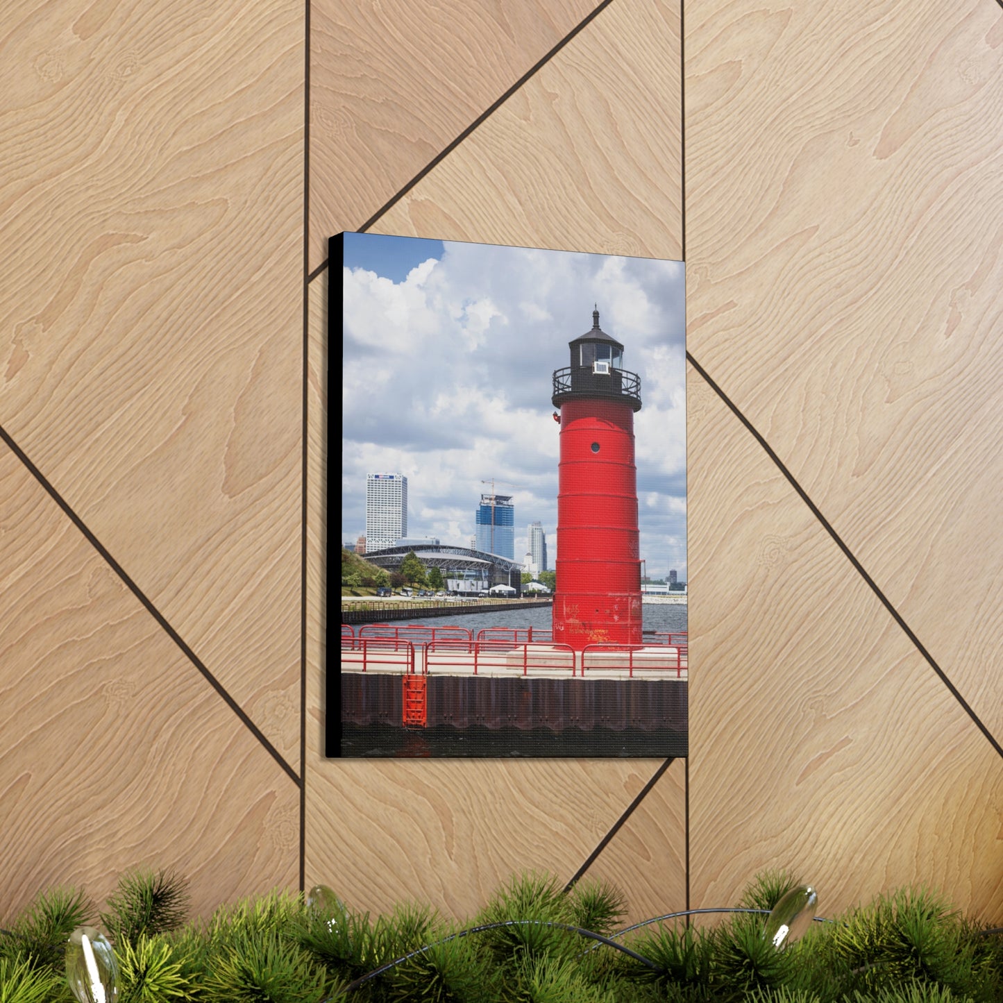 Milwaukee Wisconsin Lighthouse & Skyline; Milwaukee Pierhead Light, Photography Canvas Wrap Wall Art