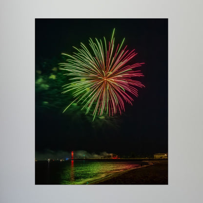 Green & Pink 4th of July Fireworks over Kenosha Pier Light Rolled Poster