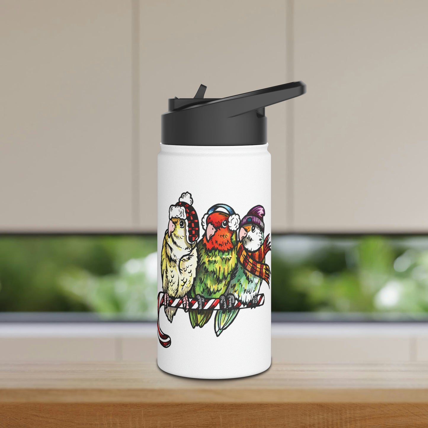 3 Lovebirds in Winter Wear & Perched on a Candy Cane, Stainless-Steel BPA-Free Water Bottle with Built-In Straw