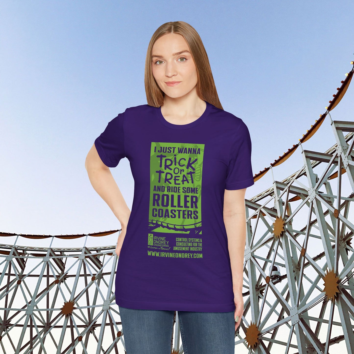 I Just Wanna Trick-or-Treat & Roller Coasters Tee (FRONT graphic) • Irvine Ondrey Engineering